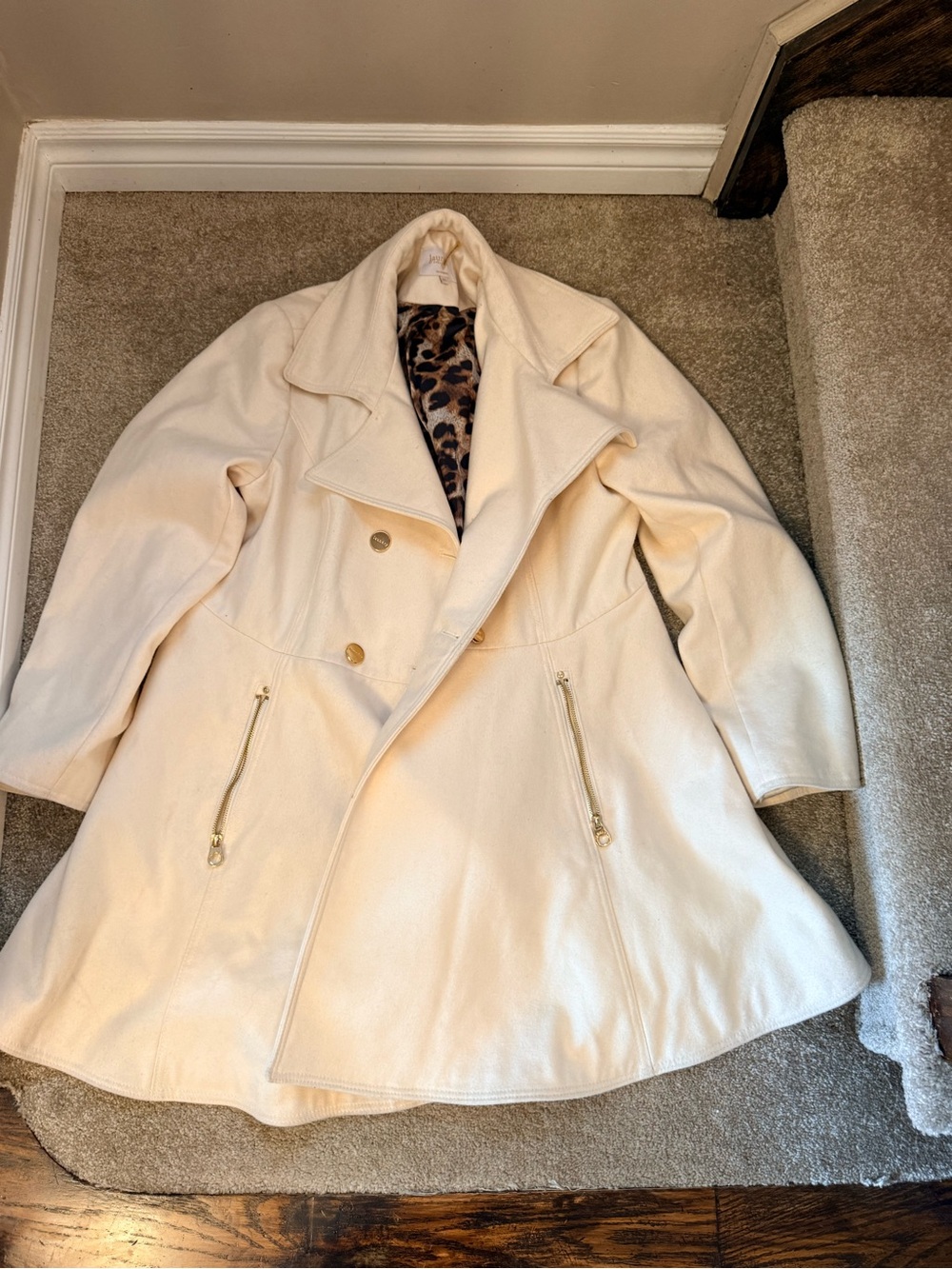 Cream Double-Breasted Women's Pea Coat with Leopard Lining